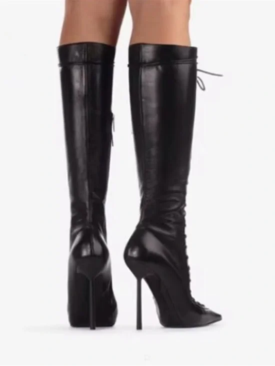 Women's Black Lace-Up Knee-High Stiletto Boots - Picture 2 of 3
